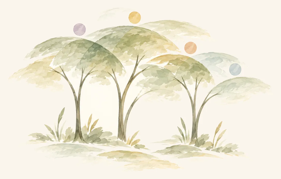 Watercolour of a grove of overlapping trees with coloured circles