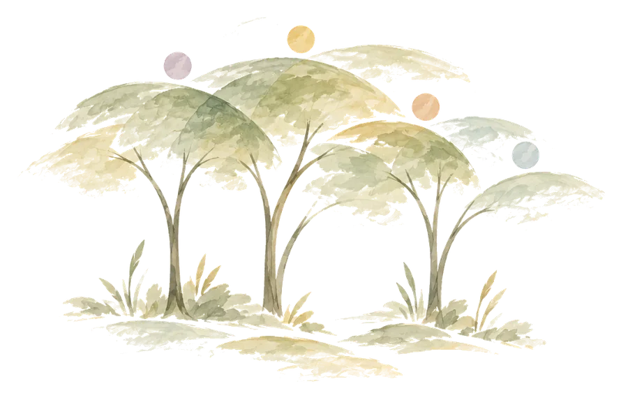 Watercolour of a grove of overlapping trees with coloured circles