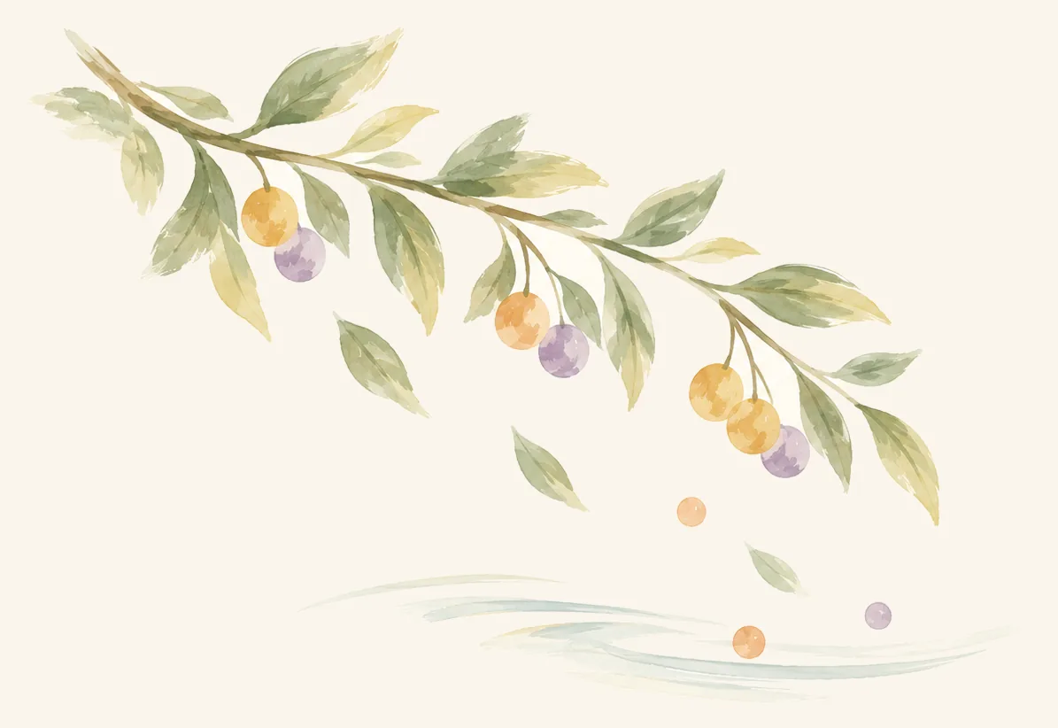 Watercolour of a fruit-bearing branch with falling fruit