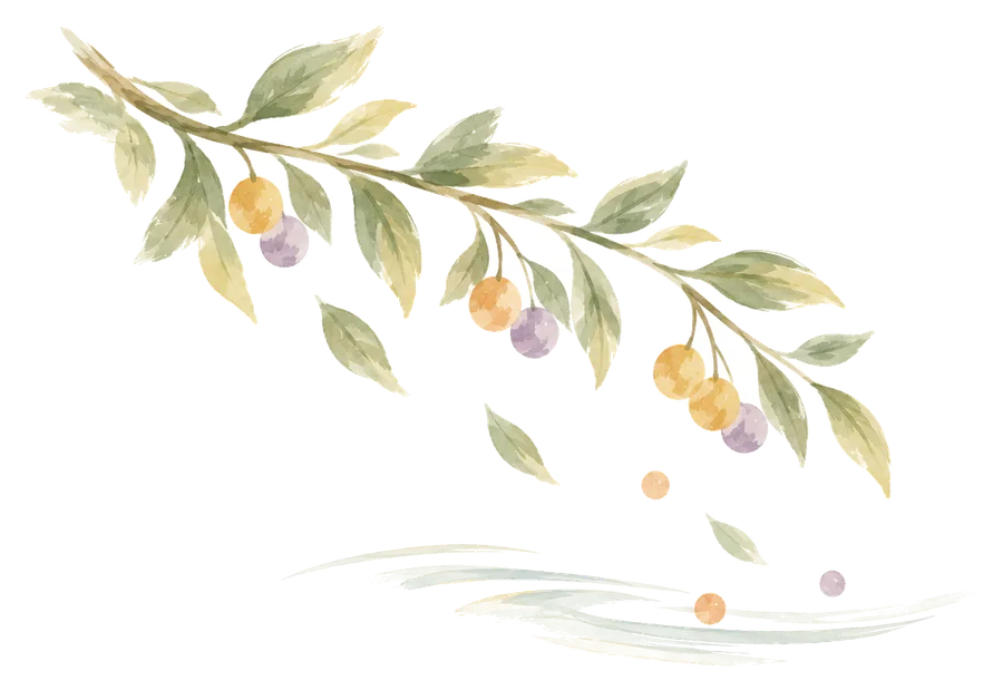Watercolour of a fruit-bearing branch with falling fruit