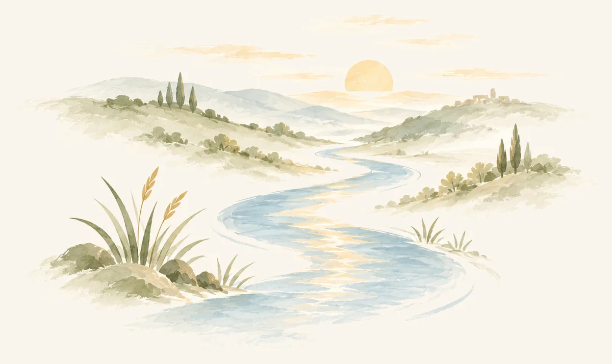 Watercolour of a wide winding river leading toward a distant sunrise