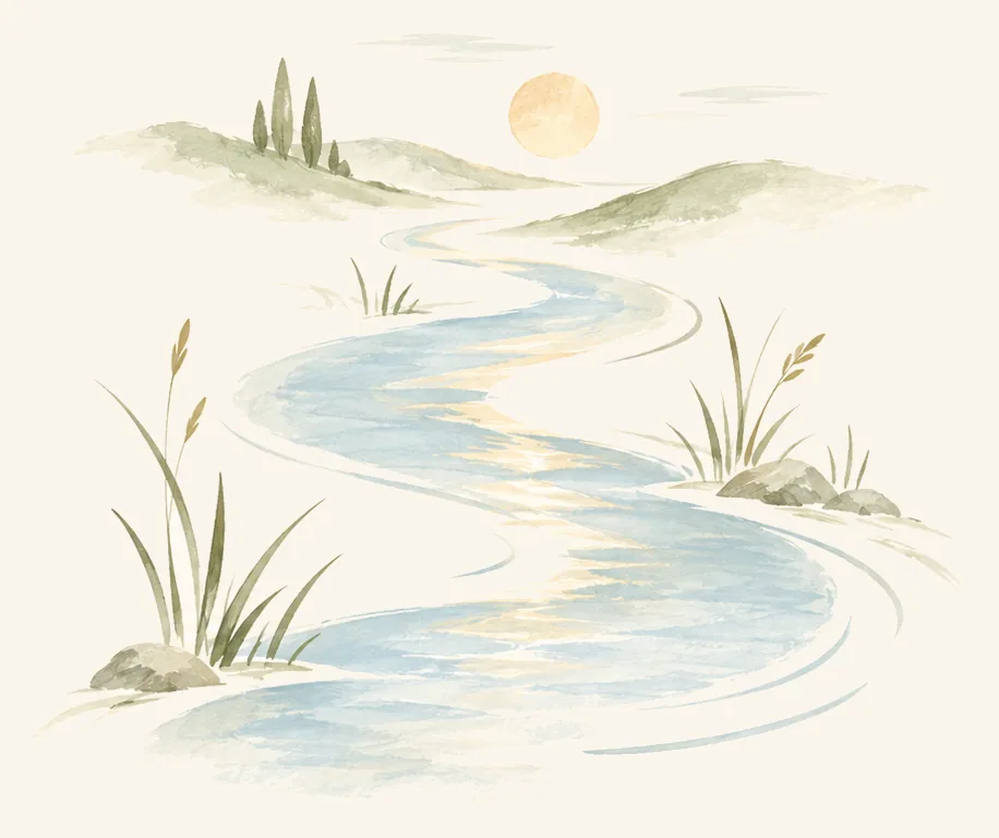 Watercolour of a winding blue stream flowing toward the morning sun