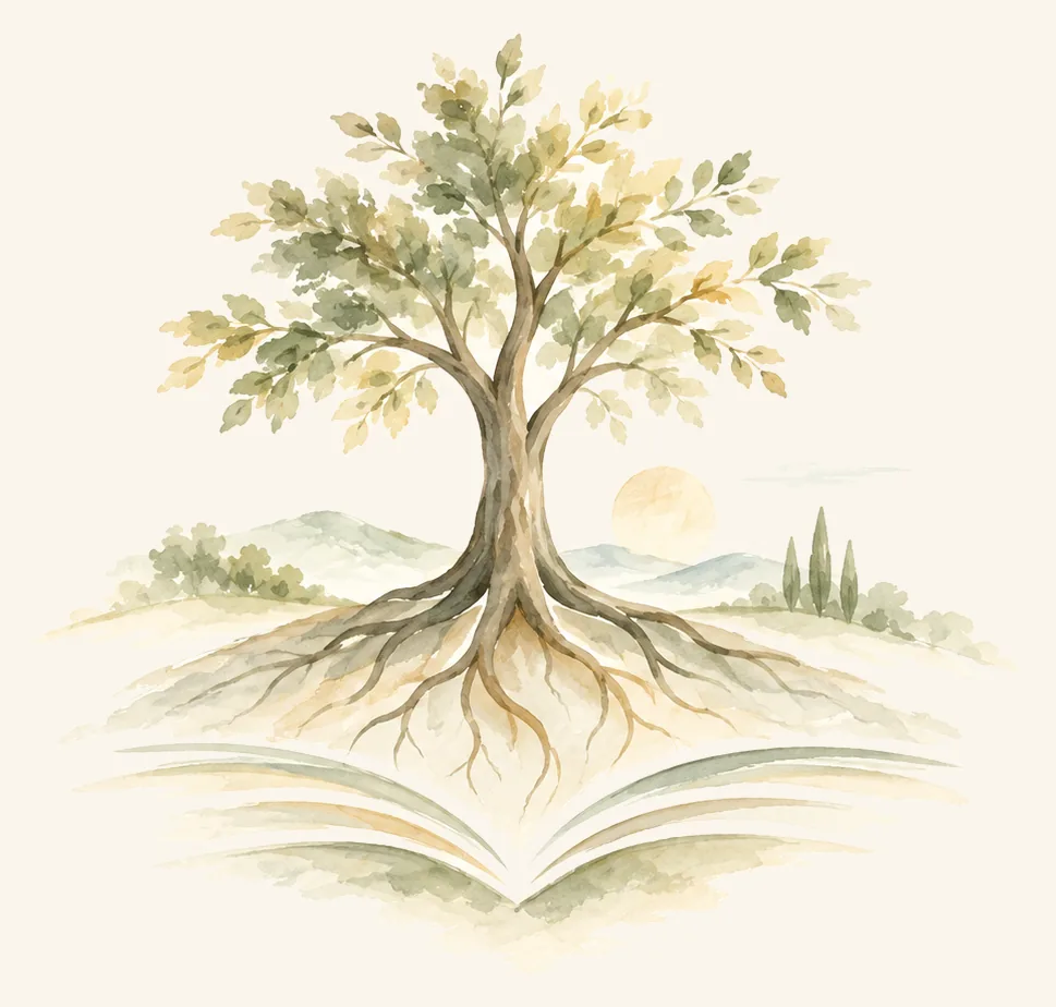 Watercolour of a large rooted tree growing from the pages of an open book