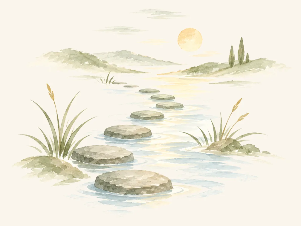 Watercolour of stepping stones crossing shallow water