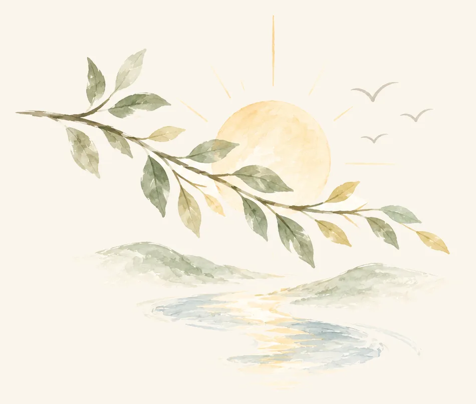 Watercolour of a leafy branch crossing the golden sun with birds
