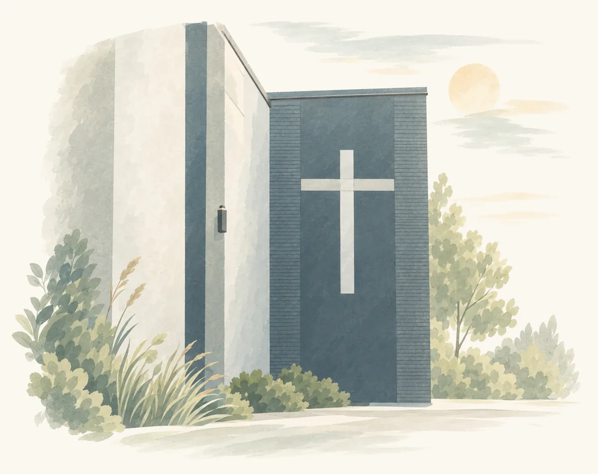 A watercolor illustration of the C3 Edmonton church building with a cross on its facade