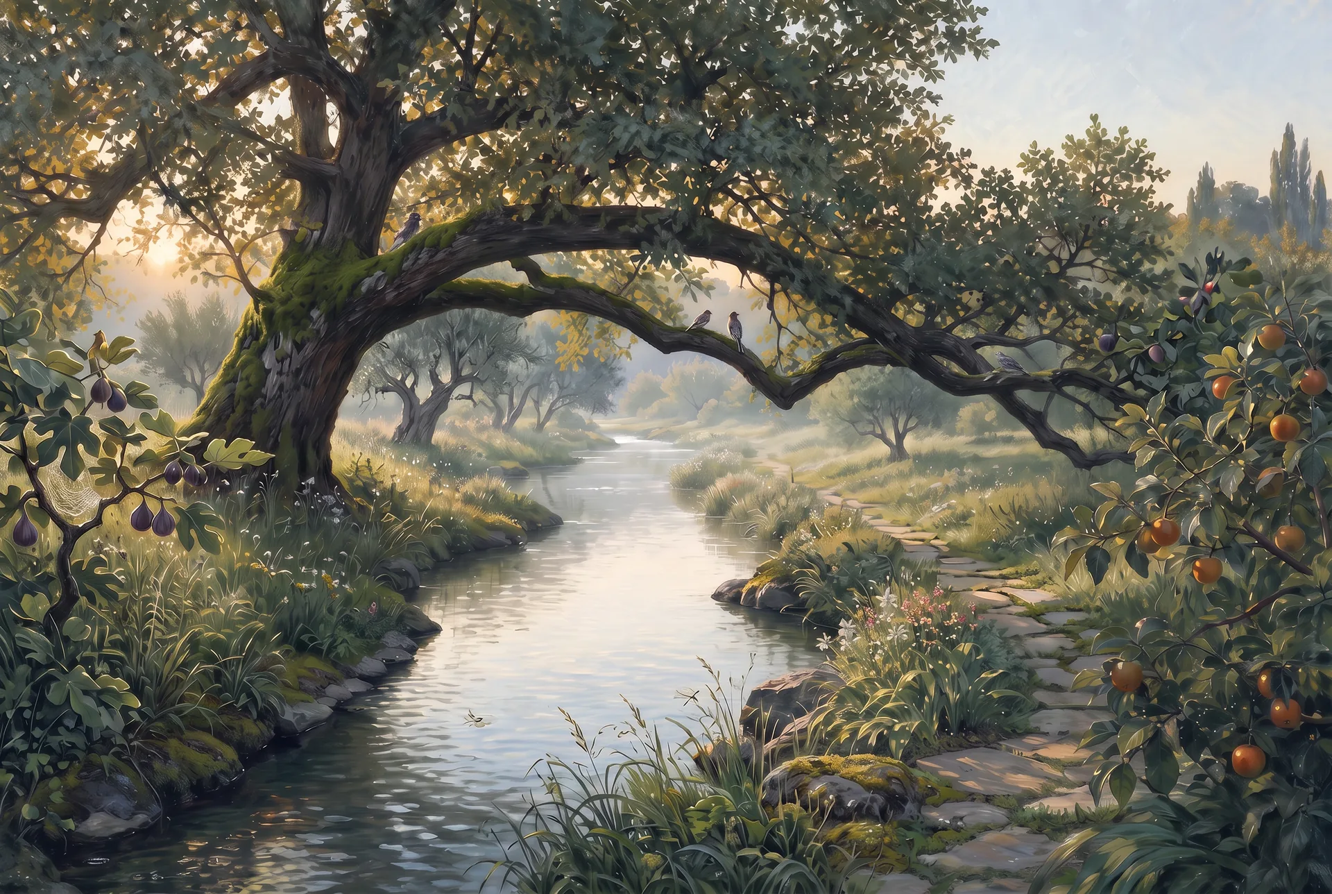 A cultivated garden at morning: a gentle river begins at your feet and flows into the distance, spanned by a mature tree whose branches arch from one bank to the other. Light filters through the leaves.