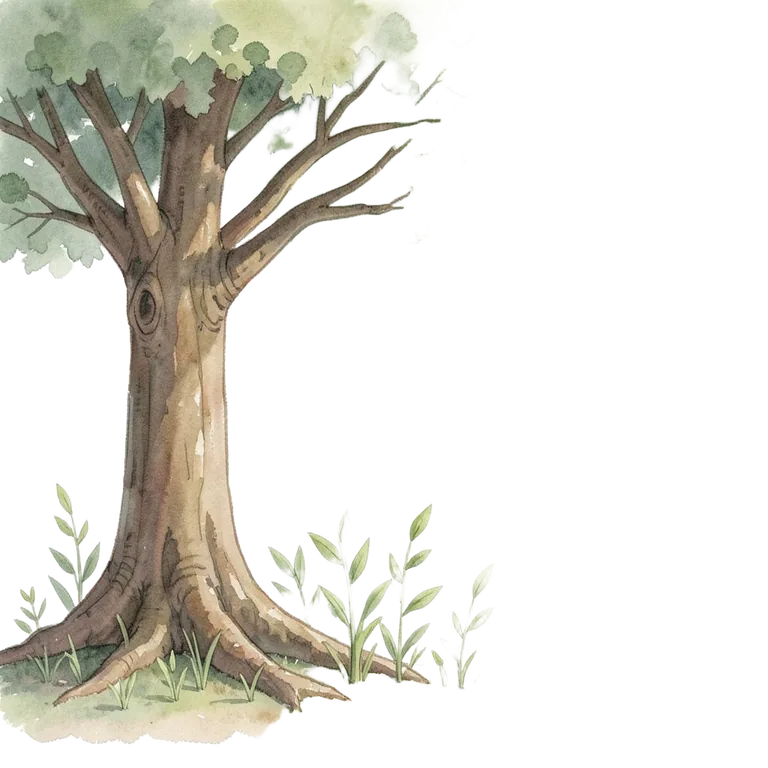 Watercolour of young saplings growing beside a mature tree