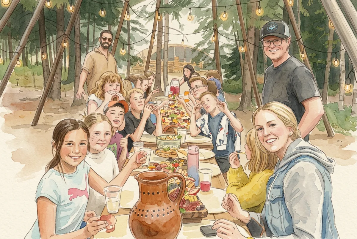 Watercolour illustration of people around a table at C3 Edmonton