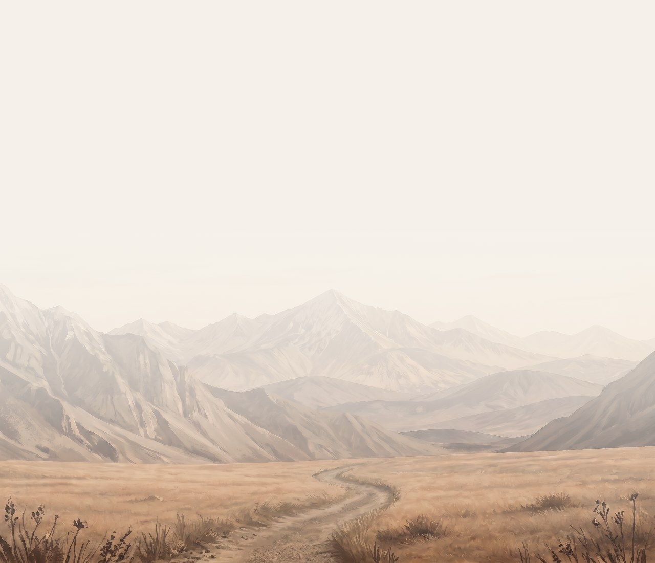 A quiet mountain valley at dawn: layered ridges fading into pale light, a worn path winding through the foreground toward the peaks.